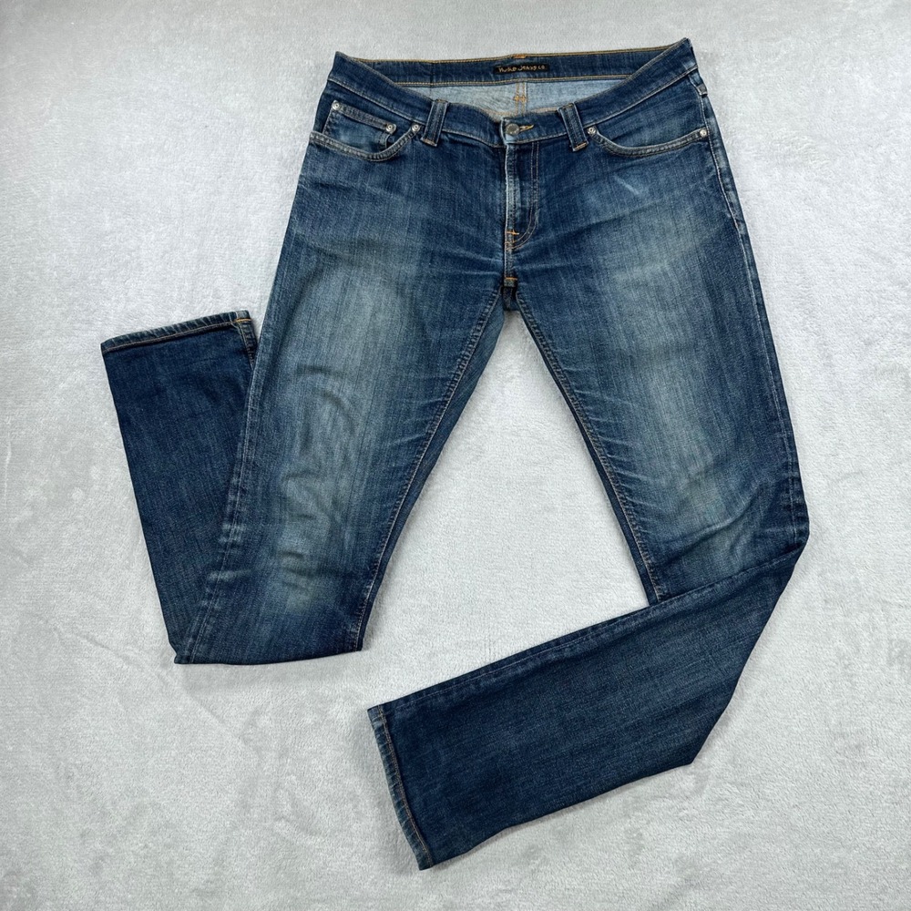 Nudie Jeans Mens 32x34 Blue Slim Tapered Medium Wash Italy Made Casual Rugged